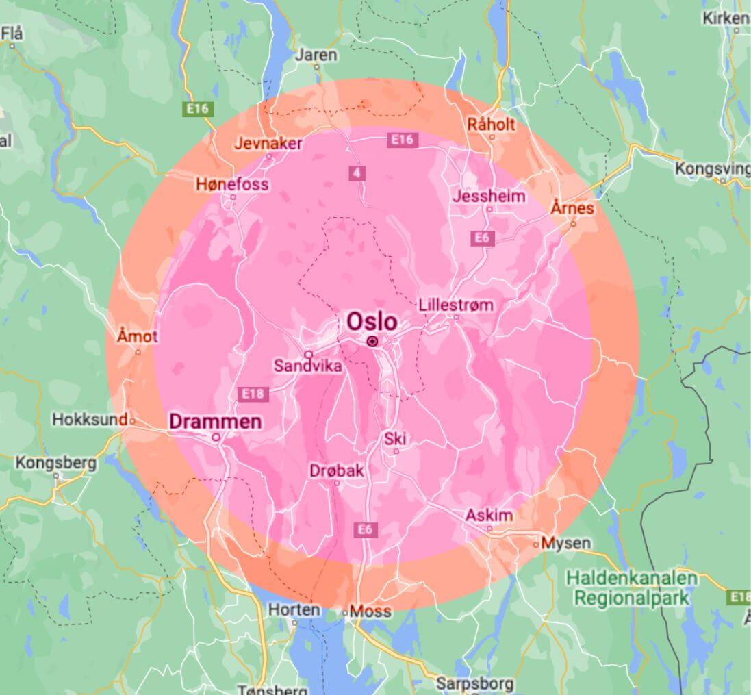 Kartillustrasjon over Oslo og omegn. En sirkel oppå kartet illustrerer en times tid kjøring