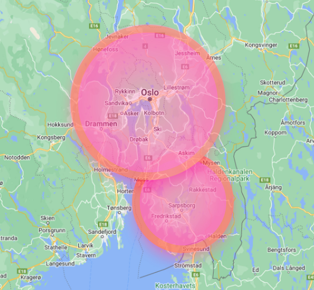 Kartillustrasjon over Oslo og Østfold. En sirkel oppå kartet illustrerer en times tid kjøring